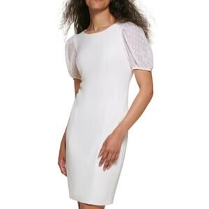 DKNY Cream Short Puff‎ Sleeve Round Neck Lined Knee Length Shift Dress Size 14